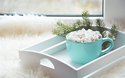 marshmallows, blue cup, winter morning, marshmallows in a cup, Christmas, New Year, coffee with marshmallows