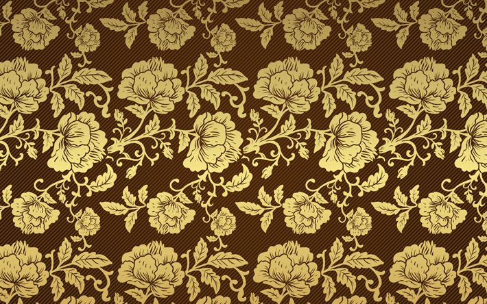 golden floreale, sfondo, texture a fiori, fiore retr&#242; texture, fiori d&#39;oro, sfondo marrone, texture di lusso