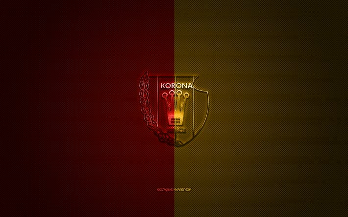 Korona Kielce Sa, Puolan football club, Ekstraklasa, punainen keltainen logo, punainen keltainen hiilikuitu tausta, jalkapallo, Kielce, Puola, Korona Kielce logo