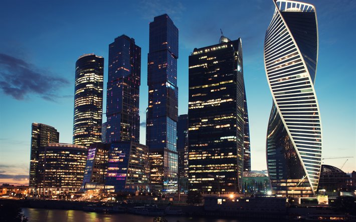 Moscow City, skyskrapor, kv&#228;ll, Ryssland, moderna byggnader, Moskva, Ryska Federationen