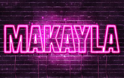Makayla, 4k, wallpapers with names, female names, Makayla name, purple neon lights, horizontal text, picture with Makayla name
