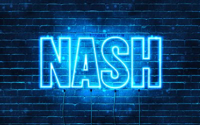 Nash, 4k, fondos de pantalla con los nombres, el texto horizontal, Nash nombre, luces azules de ne&#243;n, imagen con Nash nombre