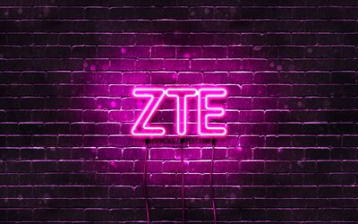 ZTE p&#250;rpura logo, 4k, p&#250;rpura brickwall, ZTE logotipo, marcas, ZTE ne&#243;n logotipo de ZTE