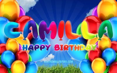Camilla Happy Birthday, 4k, cloudy sky background, popular italian female names, Birthday Party, colorful ballons, Camilla name, Happy Birthday Camilla, Birthday concept, Camilla Birthday, Camilla
