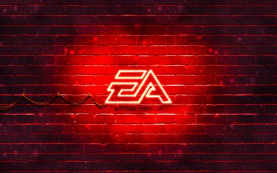EA Games red logo, 4k, red brickwall, EA Games logo, Electronic Arts, creative, EA Games neon logo, EA Games