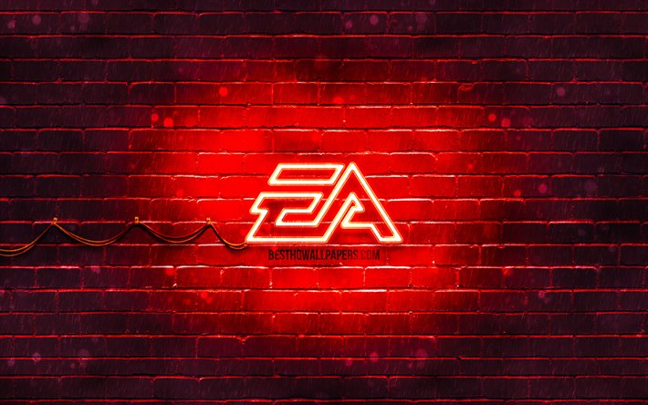 EA Games red logo, 4k, red brickwall, EA Games logo, Electronic Arts, creative, EA Games neon logo, EA Games
