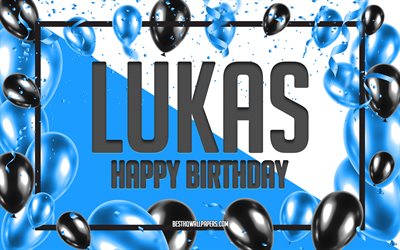 Buon Compleanno Lukas, feste di Compleanno, Palloncini Sfondo, Lukas, sfondi per il desktop con i nomi Lukas buon Compleanno, Palloncini Blu di Compleanno, Sfondo, biglietto di auguri, Lukas Compleanno