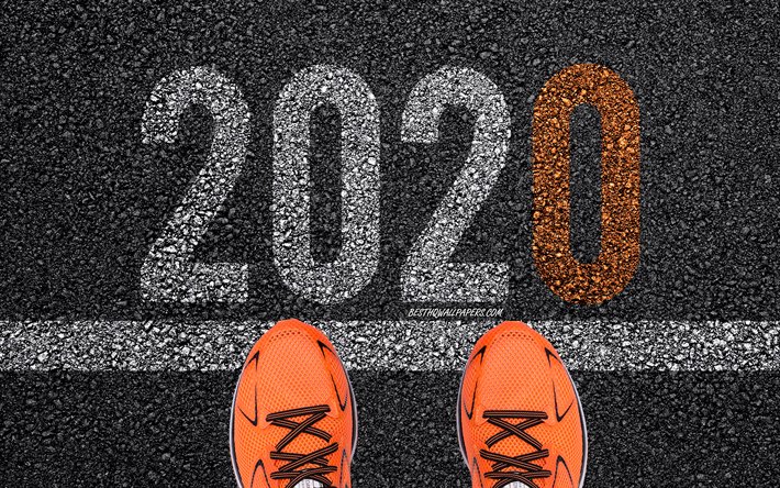2020 New Year, inscription on the pavement, Happy New Year 2020, 2020 concepts, asphalt texture, orange athletic shoes