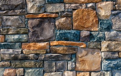 de colores en la pared de piedra, rocas decorativas, colorido brickwall, piedra de texturas, de colores grunge de fondo, coloridas piedras, macro, piedra fondos, fondos de colores