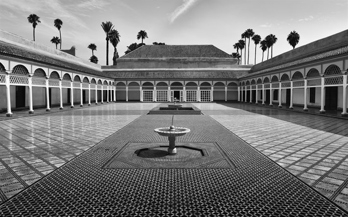 Bahia Palace, cortile Posteriore, monocromatico, palazzo, punto di riferimento, Marrakech, Marocco