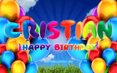 Cristian Happy Birthday, 4k, cloudy sky background, popular italian male names, Birthday Party, colorful ballons, Cristian name, Happy Birthday Cristian, Birthday concept, Cristian Birthday, Cristian