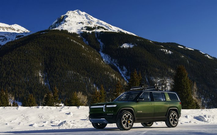 Rivian R1S, 2019, vista frontal, verde SUV, verde novo R1S, inverno, neve, os carros americanos, Rivian