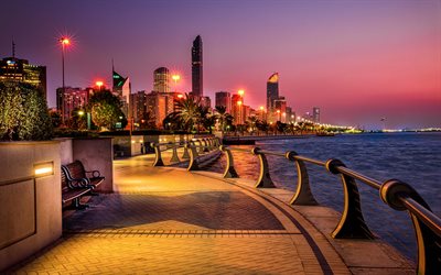 Abu Dhabi, evening, sunset, skyscrapers, modern architecture, UAE, United Arab Emirates