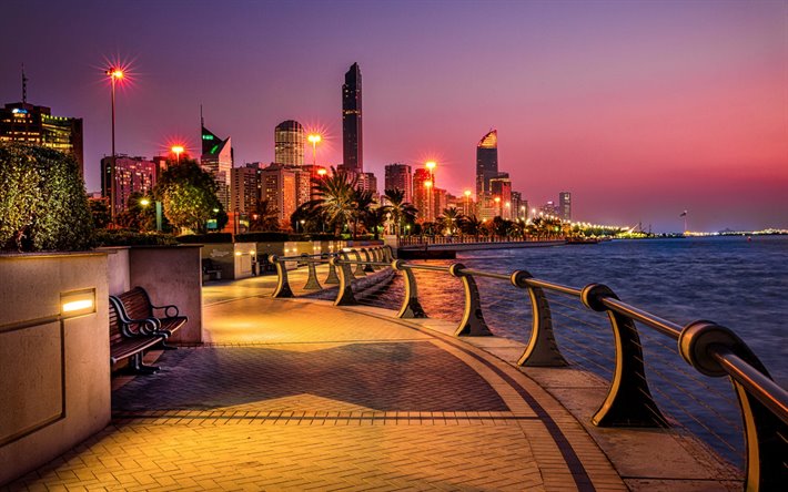 Abu Dhabi, noite, p&#244;r do sol, arranha-c&#233;us, arquitetura moderna, EMIRADOS &#225;rabes unidos, Emirados &#193;rabes Unidos
