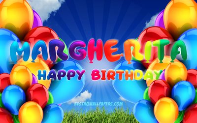 Margherita Happy Birthday, 4k, cloudy sky background, popular italian female names, Birthday Party, colorful ballons, Margherita name, Happy Birthday Margherita, Birthday concept, Margherita Birthday, Margherita