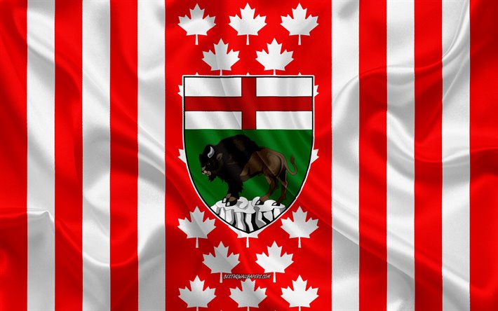 Coat of arms of Manitoba, Canadian flag, silk texture, Manitoba, Canada, Seal of Manitoba, Canadian national symbols