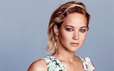 Jennifer Lawrence, American actress, portrait, white floral dress, photoshoot, Hollywood