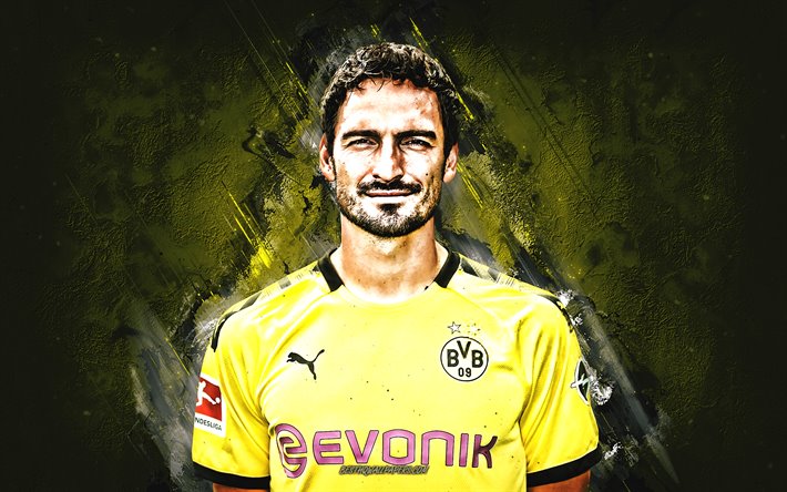 Mats Hummels, Borussia Dortmund, German football player, portrait, yellow stone background, football, Bundesliga, Germany