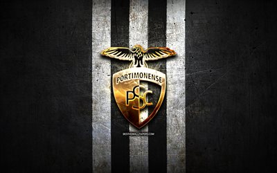 Portimonense FC, golden logo, Primeira Liga, black metal background, football, Portimonense SC, portuguese football club, Portimonense logo, soccer, Portugal