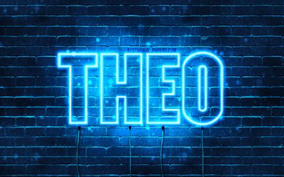 Theo, 4k, les papiers peints avec les noms, le texte horizontal, Theo nom, bleu n&#233;on, une photo avec le nom Theo