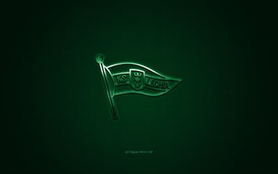 Lechia Gdansk, Polish football club, Ekstraklasa, green logo, green carbon fiber background, football, Gdansk, Poland, Lechia Gdansk logo