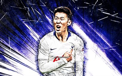 Son Heung-min, grunge art, Tottenham Hotspur FC, South Korean footballers, soccer, Heung-min Son, Premier League, blue abstract rays, Tottenham FC
