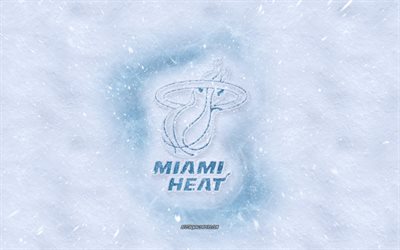 Miami Heat logo, American basketball club, winter concepts, NBA, Miami Heat ice logo, snow texture, Miami, California, USA, snow background, Miami Heat, basketball