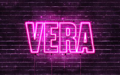 Vera, 4k, wallpapers with names, female names, Vera name, purple neon lights, horizontal text, picture with Vera name