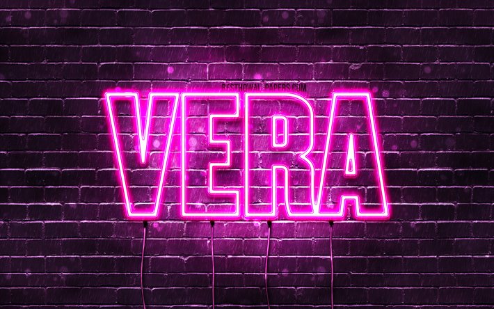 Vera, 4k, wallpapers with names, female names, Vera name, purple neon lights, horizontal text, picture with Vera name