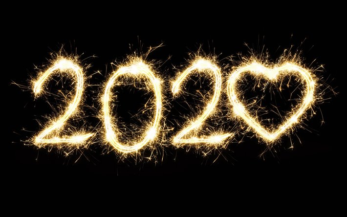 2020 feuerwerk hintergrund, feuerwerk auf schwarzem hintergrund, 2020 konzepte, gl&#252;ckliches neues jahr 2020, nacht, himmel