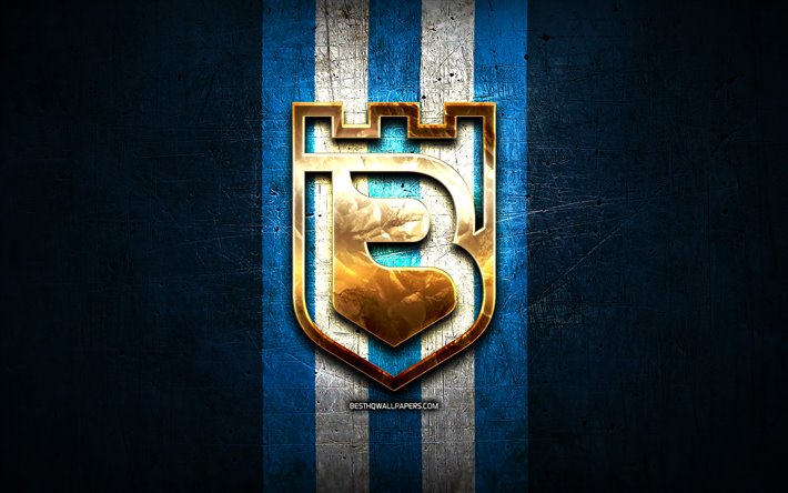 Belenenses FC, golden logo, Primeira Liga, blue metal background, football, CF Belenenses, portuguese football club, Belenenses logo, soccer, Portugal