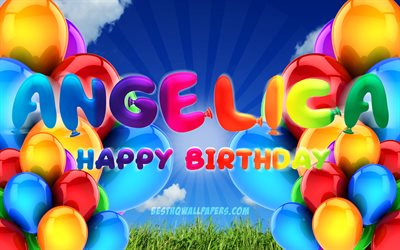 angelica, happy birthday, 4k, bew&#246;lkten himmel hintergrund haben, g&#228;ngigen italienischen weiblichen vornamen, geburtstag, bunte ballons, namen angelica, happy birthday angelika, geburtstag konzept, angelica geburtstag