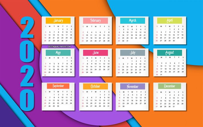 2020 kalender, violett, rosa, blau, hintergrund, material-design, 2020 konzepte, gl&#252;ckliches neues jahr 2020, 2020 alle monate hintergrund
