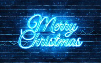Blue neon Merry Christmas, 4k, blue brickwall, Happy New Years Concept, Blue Merry Christmas, creative, Christmas decorations, Merry Christmas, xmas decorations