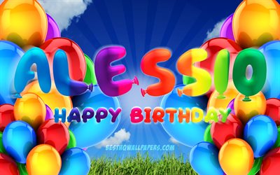 Alessio Happy Birthday, 4k, cloudy sky background, popular italian male names, Birthday Party, colorful ballons, Alessio name, Happy Birthday Alessio, Birthday concept, Alessio Birthday, Alessio
