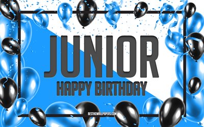 Happy Birthday Junior, Birthday Balloons Background, Junior, wallpapers with names, Junior Happy Birthday, Blue Balloons Birthday Background, greeting card, Junior Birthday