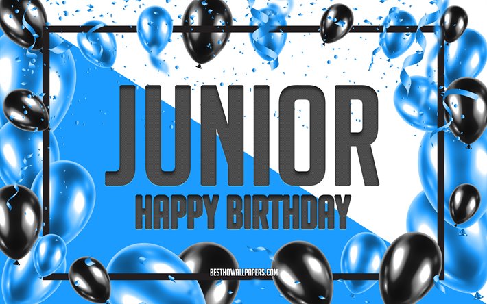 Buon Compleanno Junior, feste di Compleanno, Palloncini Sfondo, Junior, sfondi per il desktop con nomi, Junior buon Compleanno, Palloncini Blu di Compleanno, Sfondo, biglietto di auguri, Junior Compleanno