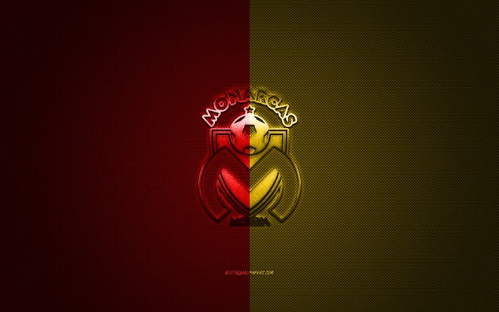 Monarcas Morelia, Meksikon football club, Liga MX, punainen keltainen logo, punainen keltainen hiilikuitu tausta, jalkapallo, Morelia, Meksiko, Monarcas Morelia-logo
