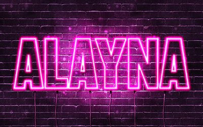 Alayna, 4k, خلفيات أسماء, أسماء الإناث, Alayna اسم, الأرجواني أضواء النيون, نص أفقي, صورة مع Alayna اسم