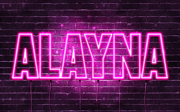 Alayna, 4k, wallpapers with names, female names, Alayna name, purple neon lights, horizontal text, picture with Alayna name