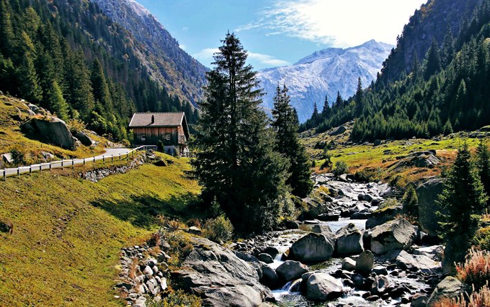 mountain landscape, stones, mountain river, summer, forest, Switzerland, Alps