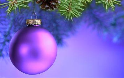 Purple xmas ball, Happy New Year, Merry Christmas, winter, Christmas Concepts, xmas balls, Christmas decorations