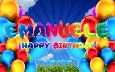 Emanuele Happy Birthday, 4k, cloudy sky background, popular italian male names, Birthday Party, colorful ballons, Emanuele name, Happy Birthday Emanuele, Birthday concept, Emanuele Birthday, Emanuele