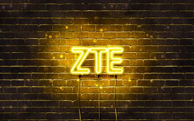 ZTE logo amarillo, 4k, amarillo brickwall, ZTE logotipo, marcas, ZTE ne&#243;n logotipo de ZTE