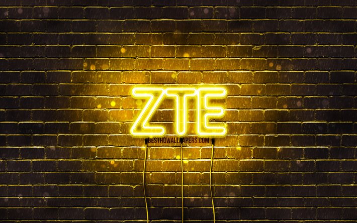 ZTE giallo logo, 4k, giallo brickwall, ZTE, i logo, i marchi, ZTE neon logo