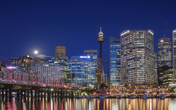 Sydney, 4k, moderna byggnader, natt, Australien, Sydney p&#229; natten