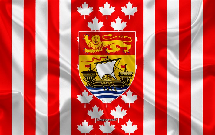 wappen von new brunswick, kanadische flagge, seide textur, new brunswick, kanada, siegel von new brunswick, kanadische nationale symbole
