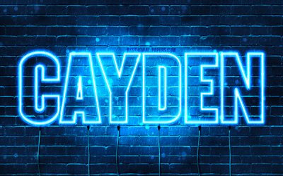 Cayden, 4k, fondos de pantalla con los nombres, el texto horizontal, Cayden nombre, luces azules de ne&#243;n, imagen con Cayden nombre
