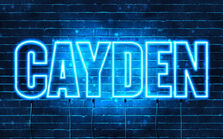Cayden, 4k, pap&#233;is de parede com os nomes de, texto horizontal, Cayden nome, luzes de neon azuis, imagem com Cayden nome