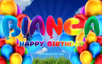 Bianca Mutlu Yıllar, 4k, bulutlu g&#246;ky&#252;z&#252; arka plan, pop&#252;ler İtalyan Bayan isimleri, Doğum g&#252;n&#252; Partisi, renkli balonları, Bianca adı, Doğum g&#252;n&#252;n kutlu olsun, Bianca, Doğum g&#252;n&#252; konseptine, Doğum g&#252;n&